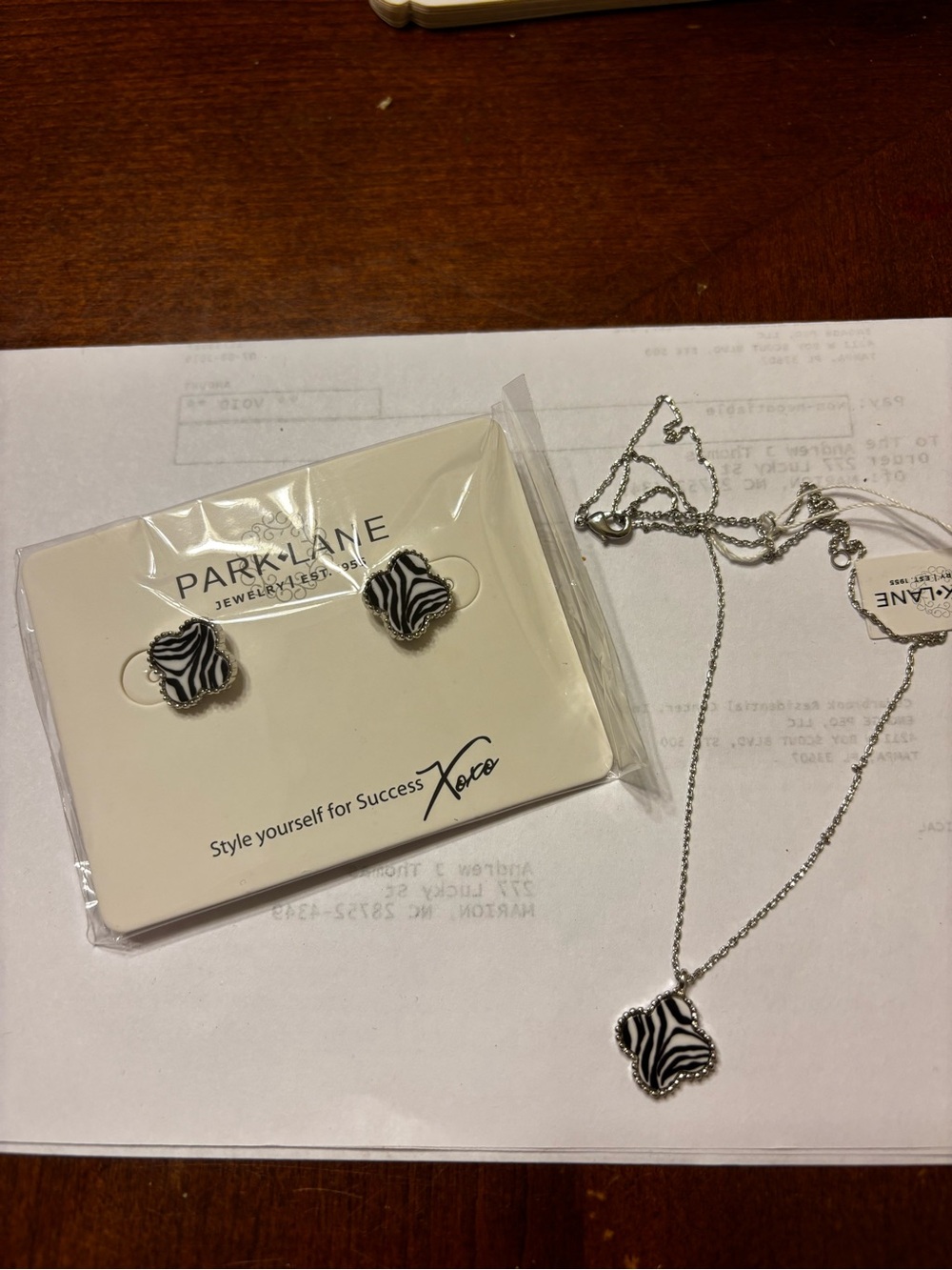 Park Lane Black & White Zebra Print Earrings and Necklace Set